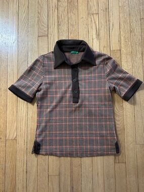 United Colors Of Benetton Brown & Coral Plaid Short-Sleeve Vintage Polo